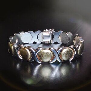 925 Sterling Silver Bracelet XO Link Two Tone Brushed Polished Size 7.5 Italy